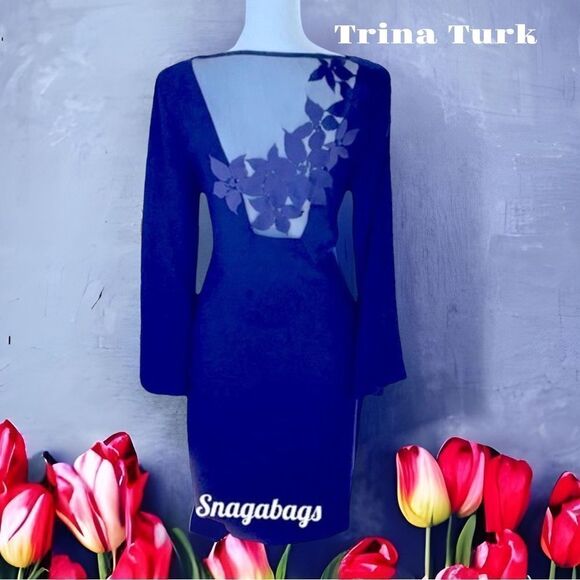 TRINA TURK NWT ENGAGING BELL SLEEVE MESH EMBROIDERY BACK SHEATH DRESS PURPLE 4 - Picture 1 of 12
